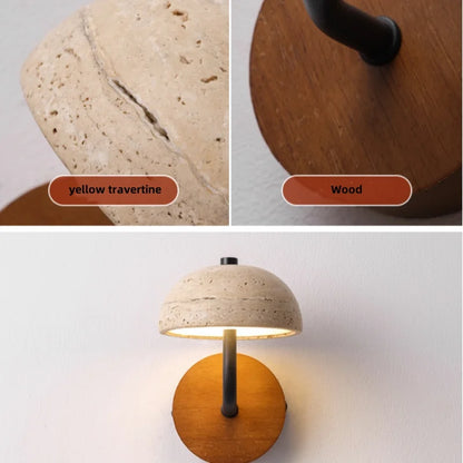 travertine stone bathroom wall sconce, detail view of fixture base and arm