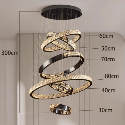 Tapering crystal ring chandelier for a double height stairwell