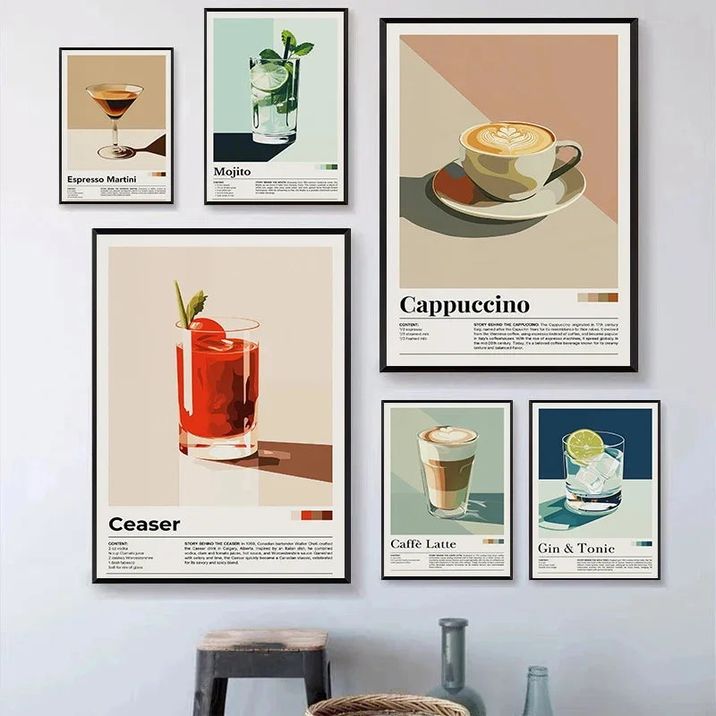 Retro Cafe Cocktail Cappuccino Canvas Wall Art