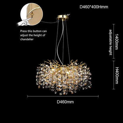 Non-dimmable crystal branch chandelier in gold, cord pendant with assembly