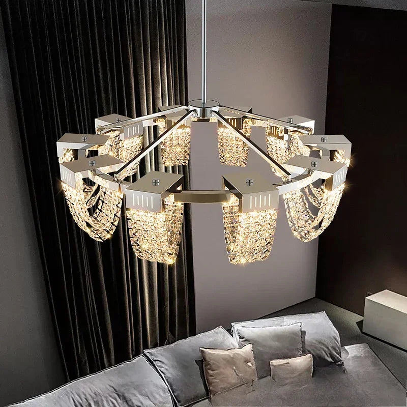 Silver crystal ceiling chandelier on a slim ironware body