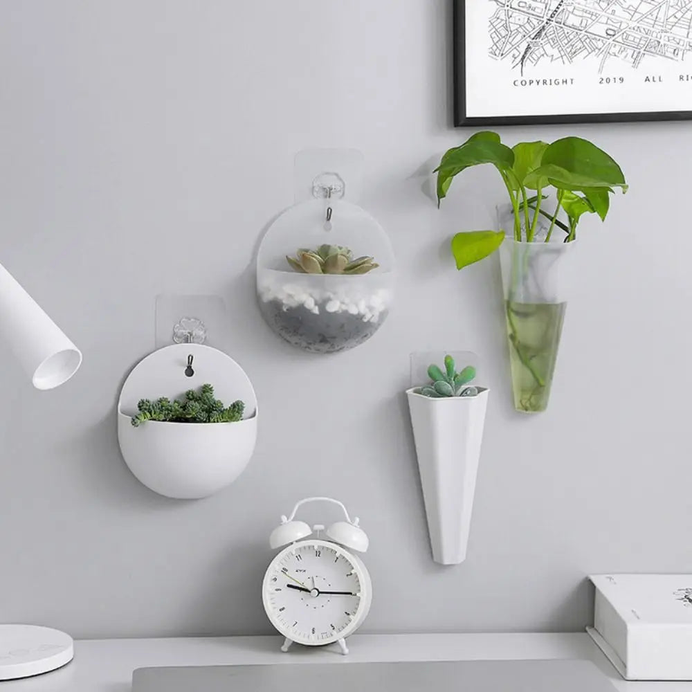 White conical acrylic wall hanging planter mounted on clean white interior wall