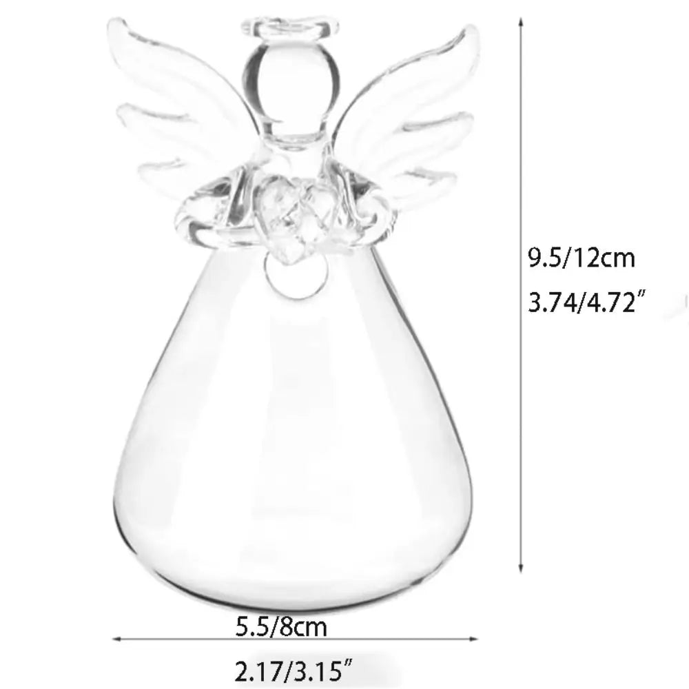 Glass angel hanging vase with fresh pink flower in nursery display