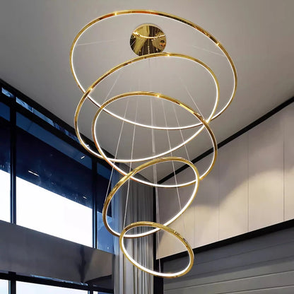 Seven ring chandelier in black with rings to 47.2 inches and a 157.5 inch drop