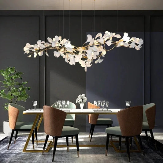 Ceramic ginkgo leaf chandelier with a gold finish aluminum frame