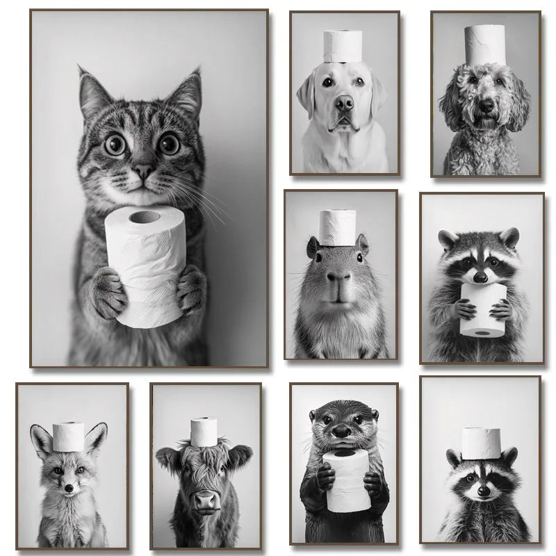 Funny Bathroom Animals Toilet Paper Canvas Wall Art
