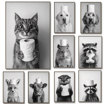 Funny Bathroom Animals Toilet Paper Canvas Wall Art