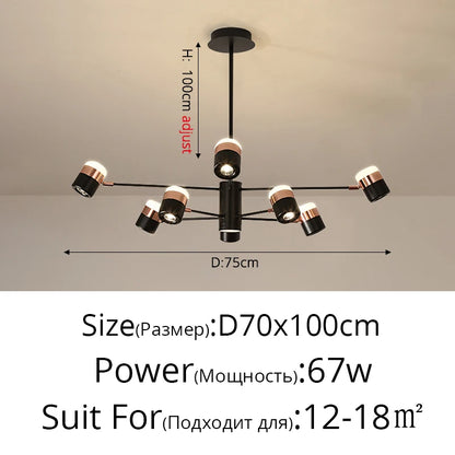 Rotatable spotlight chandelier at 27.6 in width with seven heads