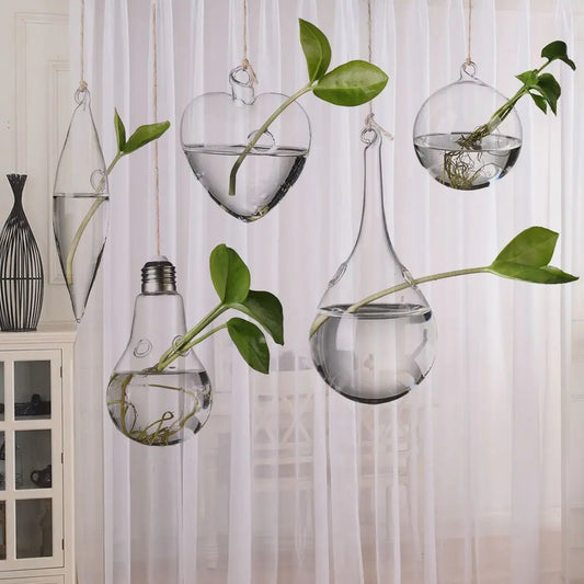 Bulb shaped hanging glass ball vase with water cutting suspended from ceiling