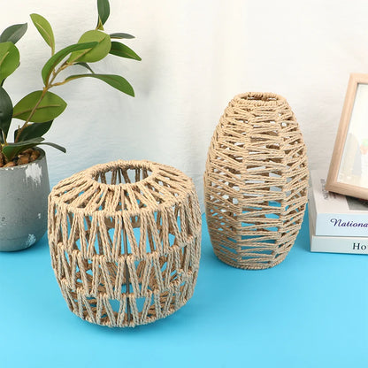 Woven paper rope chandelier shade with an open base for bulb changes