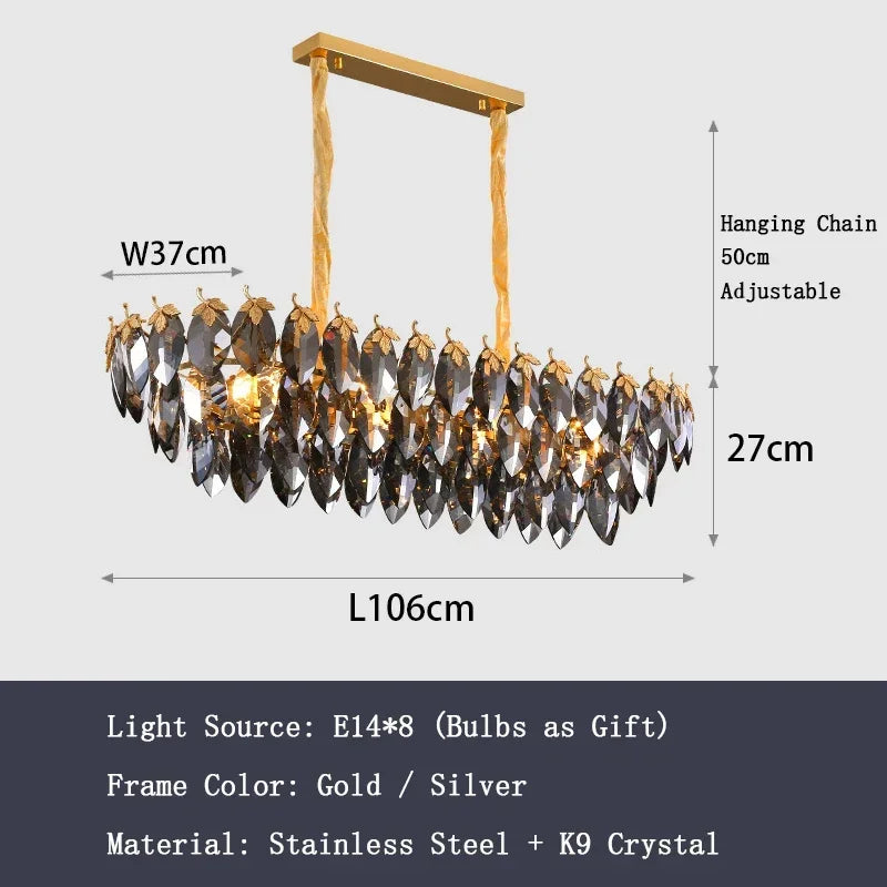 Dimmable smokey crystal leaf chandelier lit in warm white light