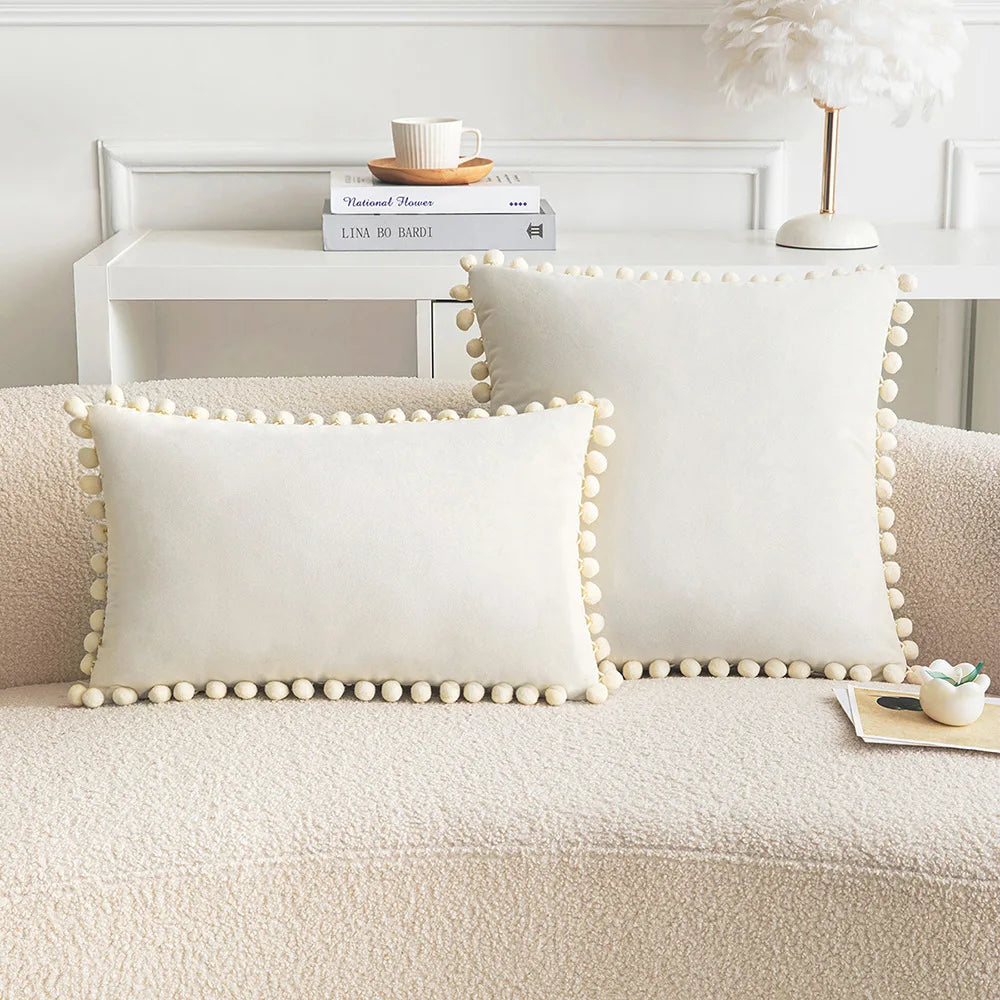 Velvet Pom-Pom Throw Pillow Cover — styling detail