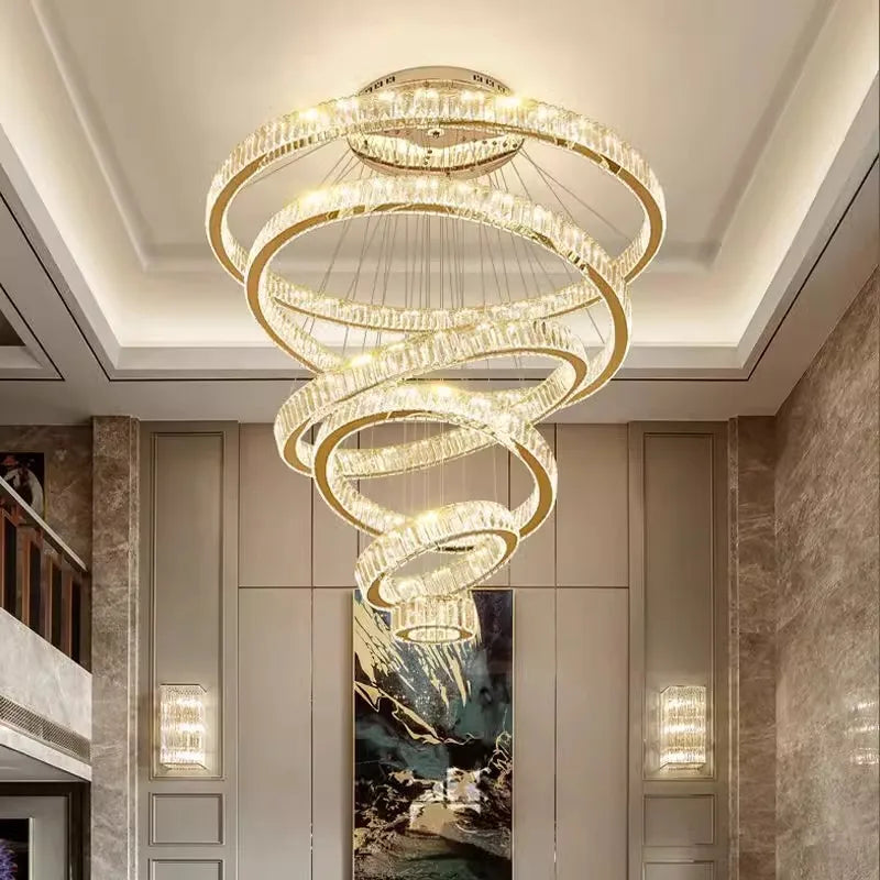 Tiered ring crystal chandelier with concentric crystal wrapped rings