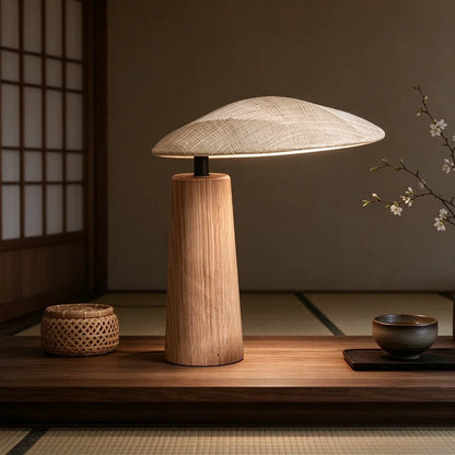 Wabi-sabi style lamp diffusing warm white glow on natural wooden desk
