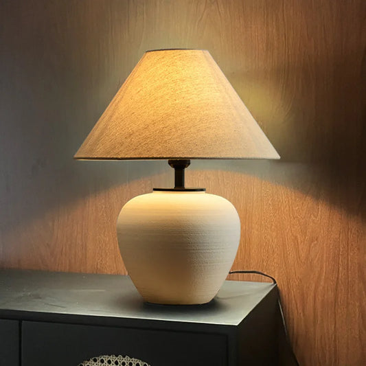 Nordic Wabi Sabi ceramic table lamp white-S warm light front view