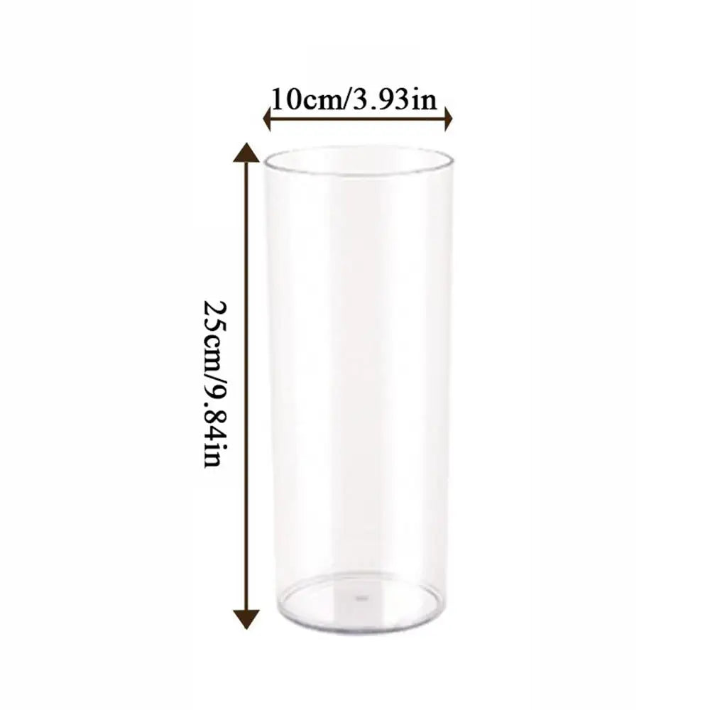 Macro detail of transparent plastic cylinder vase base and material quality
