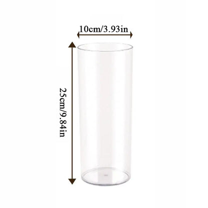 Macro detail of transparent plastic cylinder vase base and material quality