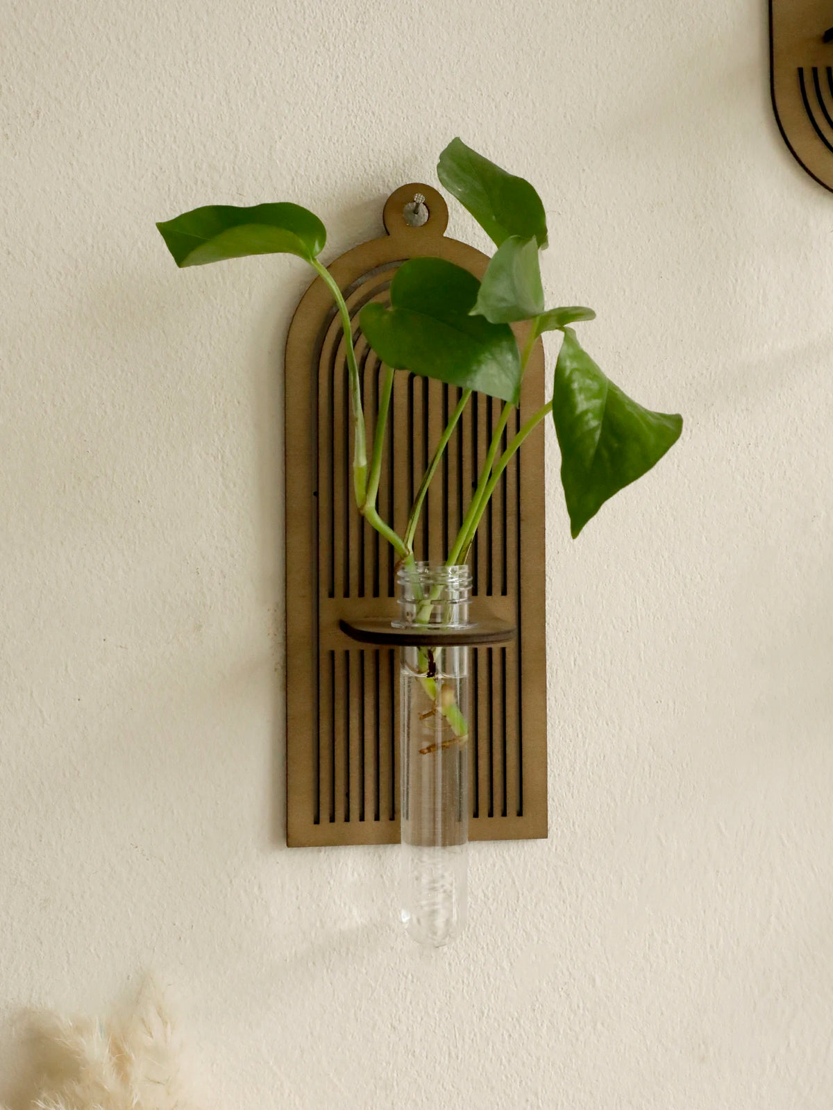 Boho wood wall vase tube plant holder for living room
