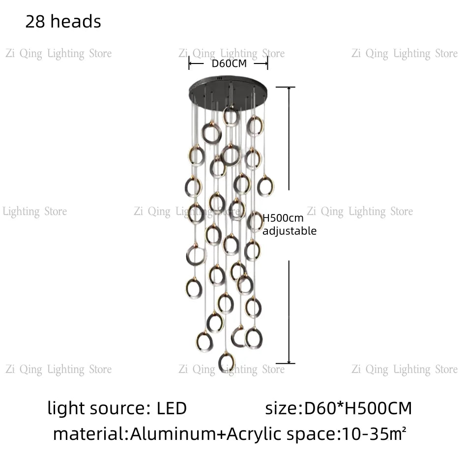 Ring staircase chandelier with dimmable LED light and knob switch control