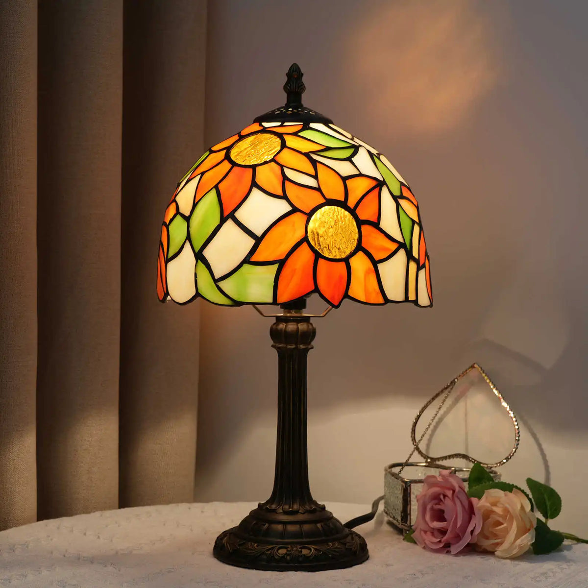 Tiffany sunflower stained glass lamp switched off showing shade