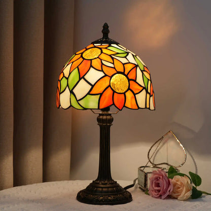 Tiffany sunflower stained glass lamp switched off showing shade