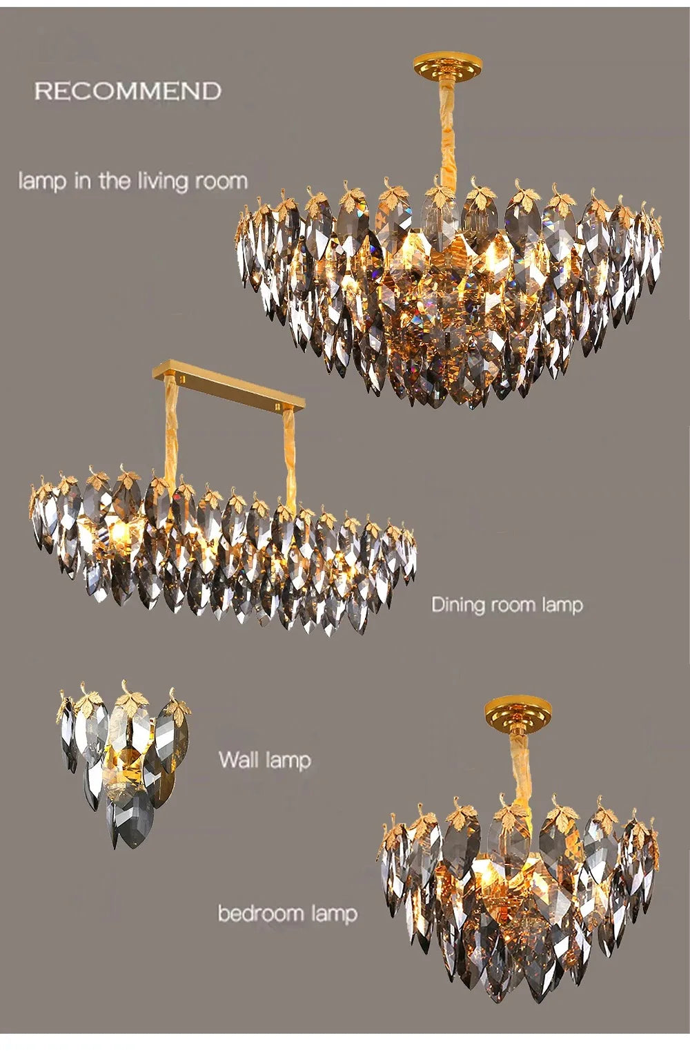 Long 41.7 in (106 cm) smokey crystal leaf chandelier for dining rooms