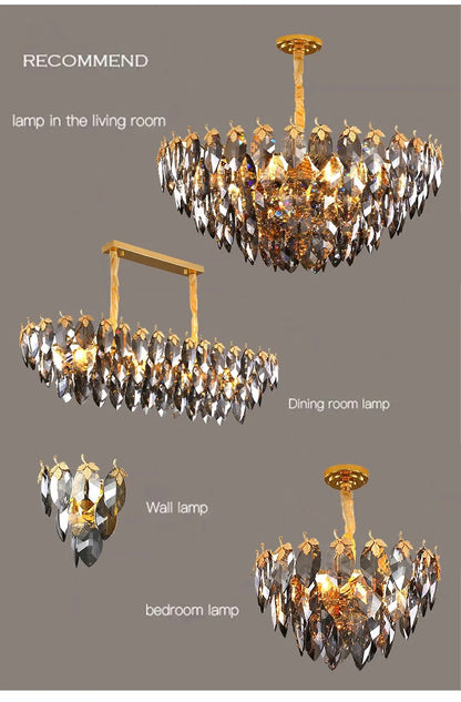 Long 41.7 in (106 cm) smokey crystal leaf chandelier for dining rooms