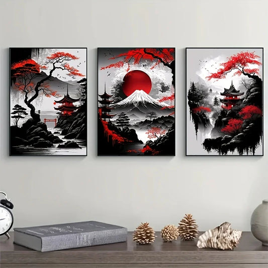 Japanese Ink Landscape 3-Piece Canvas Wall Art Set