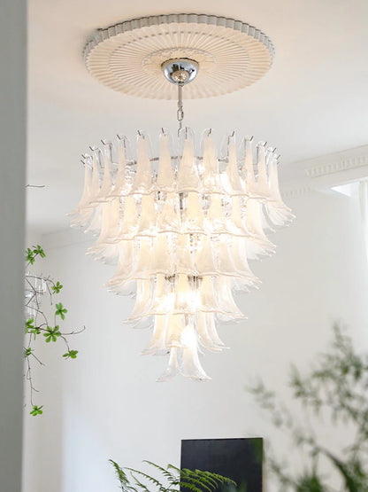 Black hardware glass petal chandelier shown in warm light, 90 to 260V