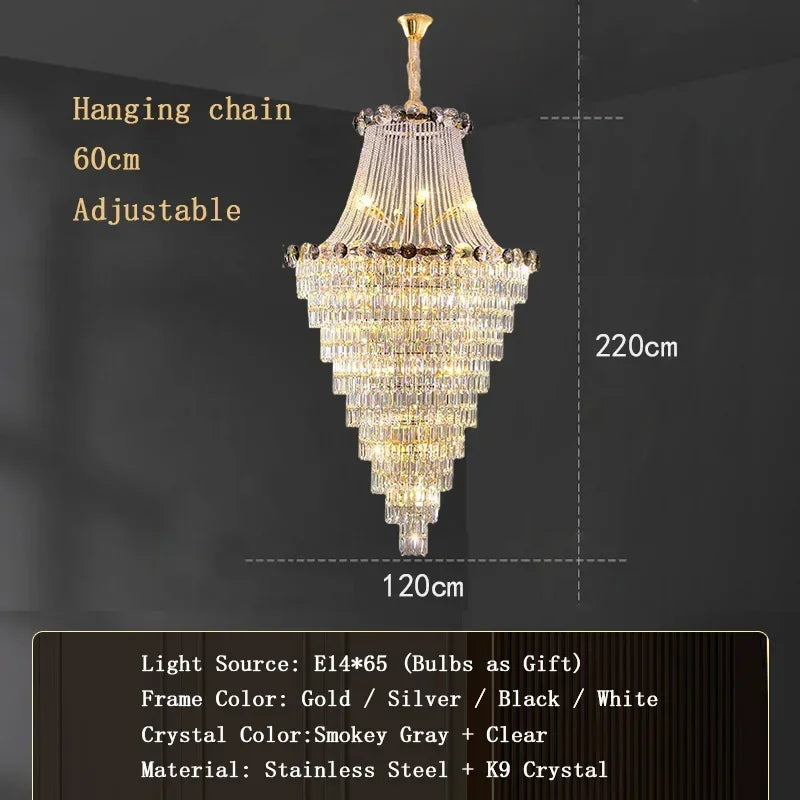 Tall crystal chandelier with a 110.2 in (280 cm) stairwell drop