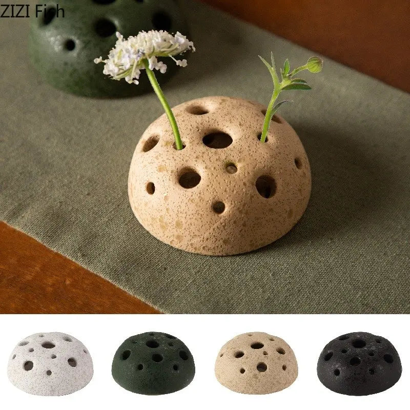 Simplicity lotus seedpod ceramic vase on contemporary shelf