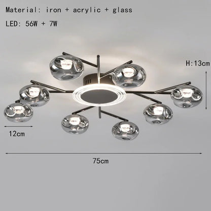 Eight globe glass chandelier in black with gray glass shades