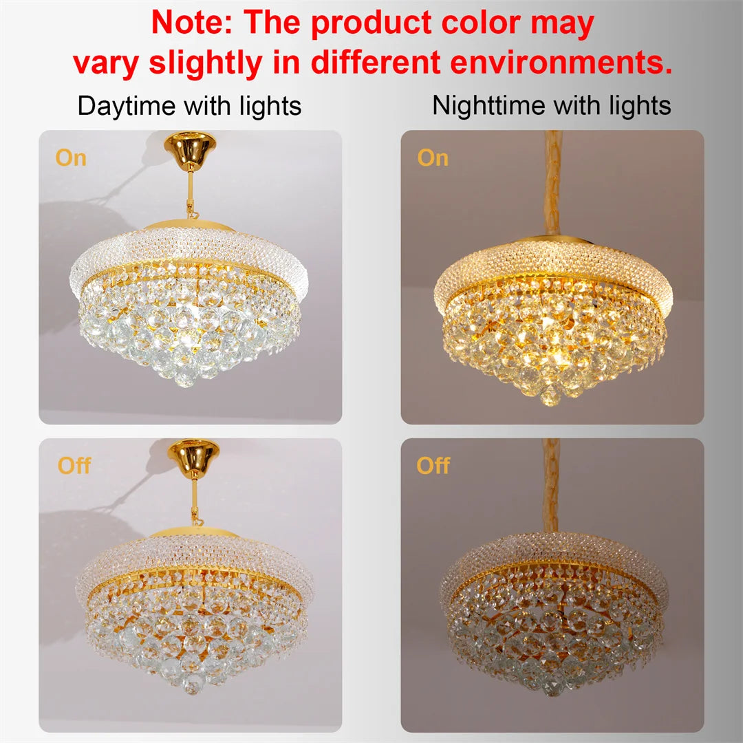 White 6500K light across the cut crystal of a gold chandelier