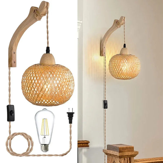 rattan wall sconce, front view on white background