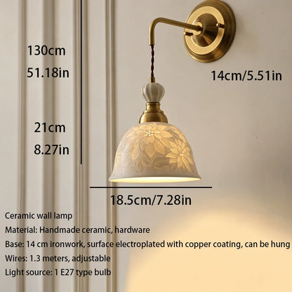 ceramic wall sconce, detail view of fixture base and arm