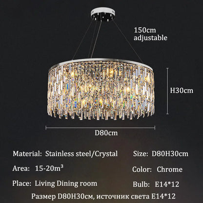Crystal chandelier, 31.5 inch round, on a polished steel flush mount frame