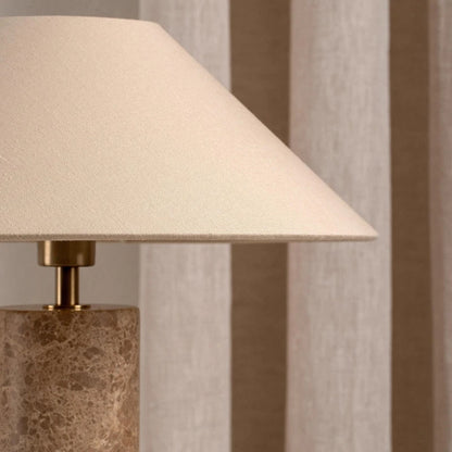Nordic marble lamp base and cylinder shade detail close-up