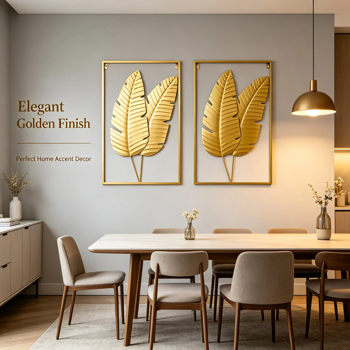 Gold metal botanical leaf wall decor sculpture — hung on living room wall