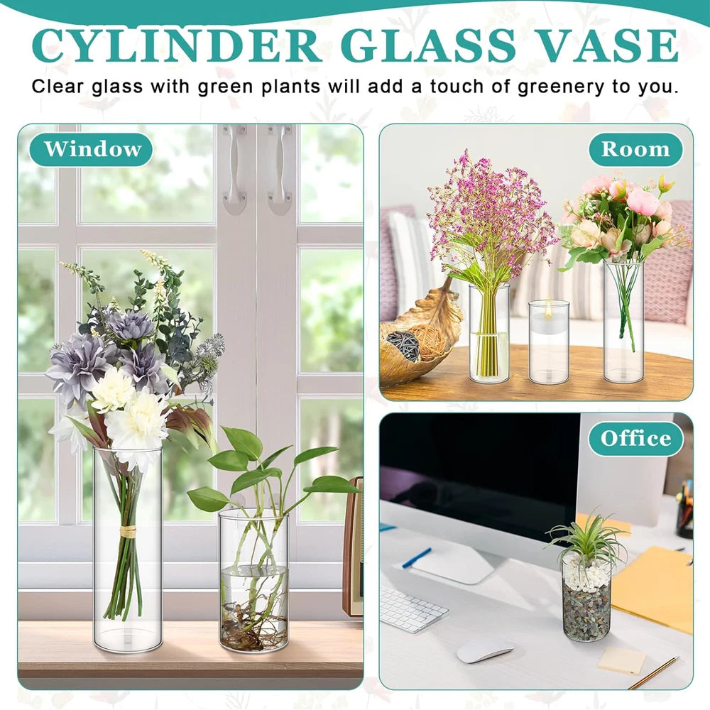 Three glass cylinder vases grouped as a minimalist Nordic dining table display