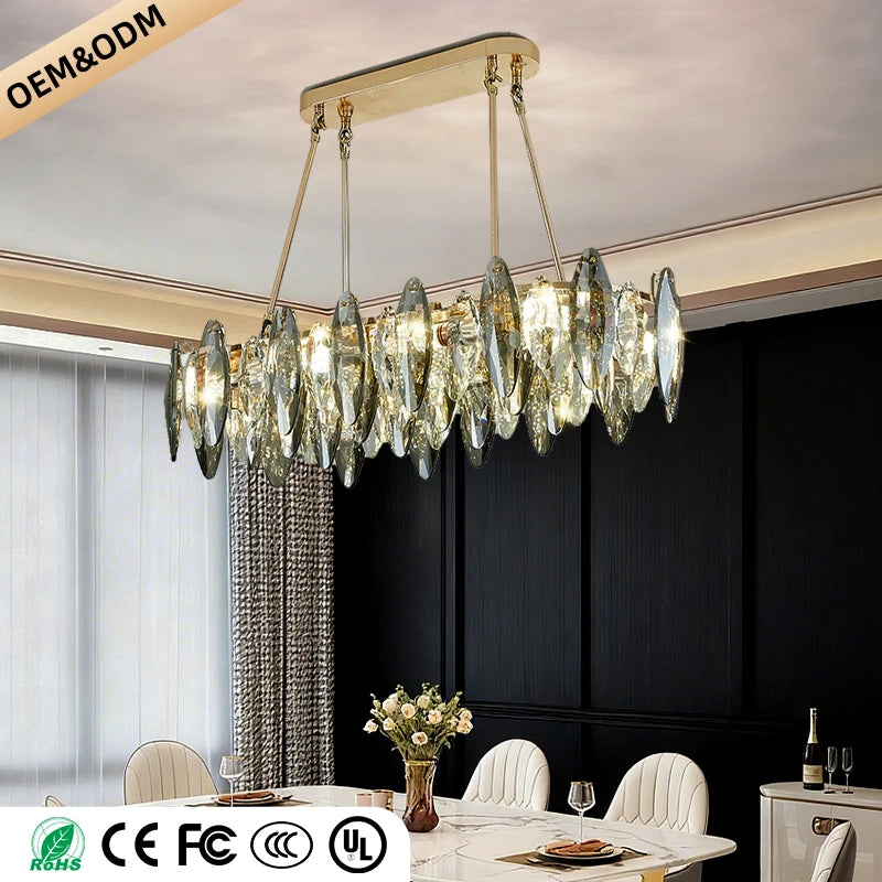 Linear plated crystal chandelier, 31.5 inches long, over a dining table