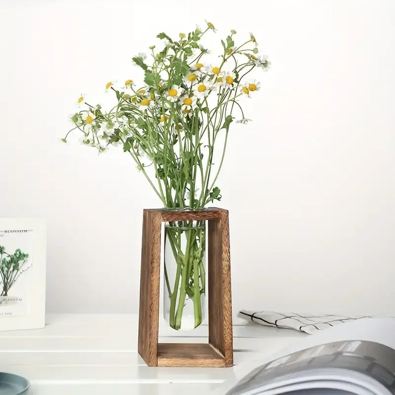 Two wooden hydroponic propagation vases together on a study windowsill display