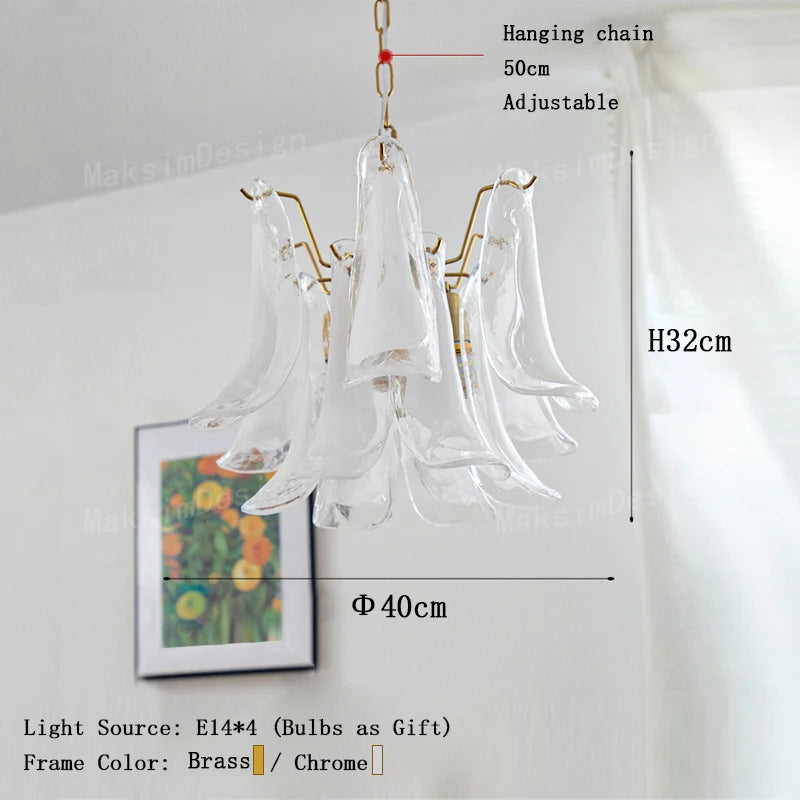 Italian design petal chandelier at 11.8 in across in warm light