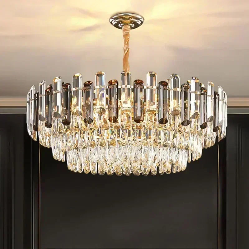Clear crystal ring chandelier on an iron frame with downward glow