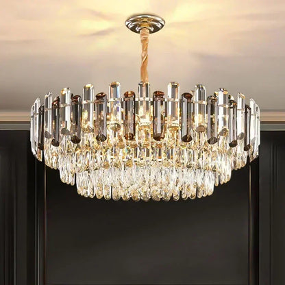 Clear crystal ring chandelier on an iron frame with downward glow
