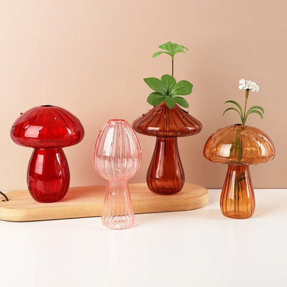 Transparent mushroom plastic jelly vase on contemporary shelf