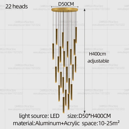 White light across the acrylic diffusers of a rod chandelier
