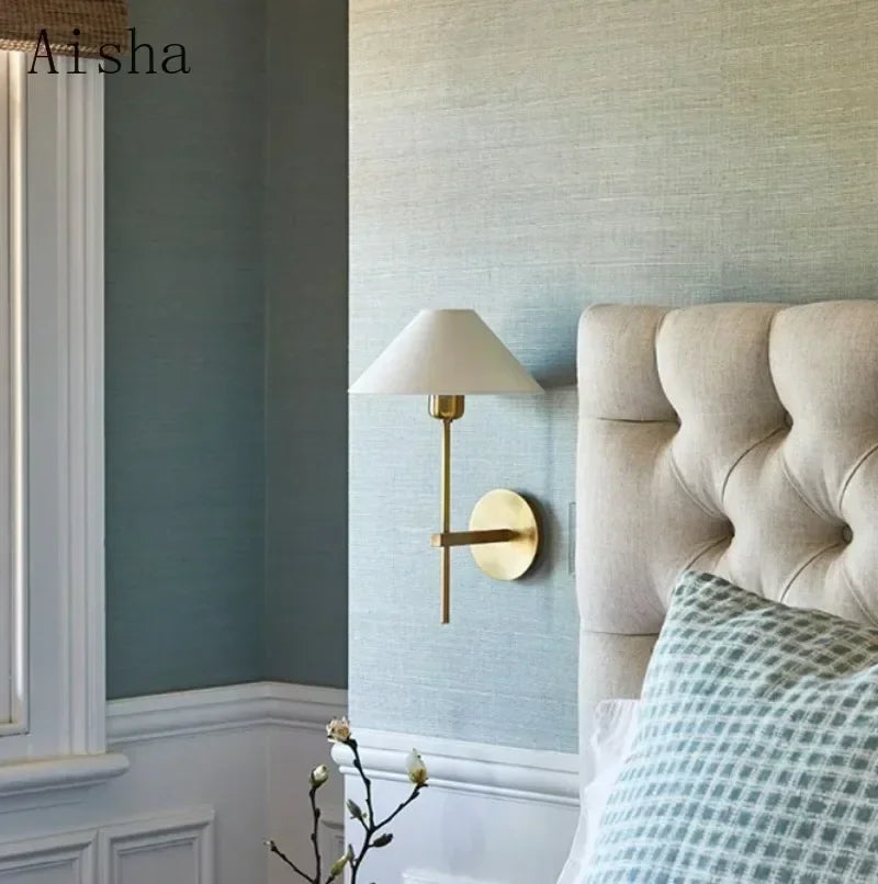 fabric shade wall sconce, close-up of shade and hardware detail