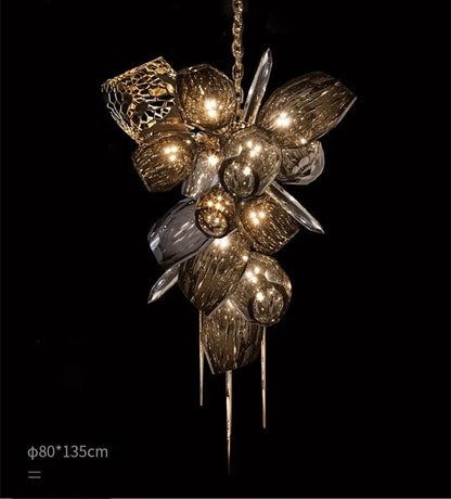 Glass and metal chandelier in grey with cold white LED light sources