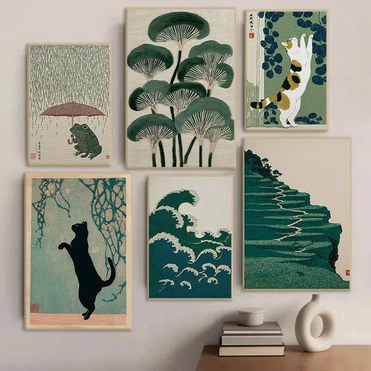 Vintage Japanese Zen Abstract Crane Cat Canvas Wall Art