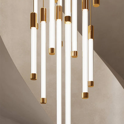 Acrylic and steel ring chandelier detail on a polished aluminum frame